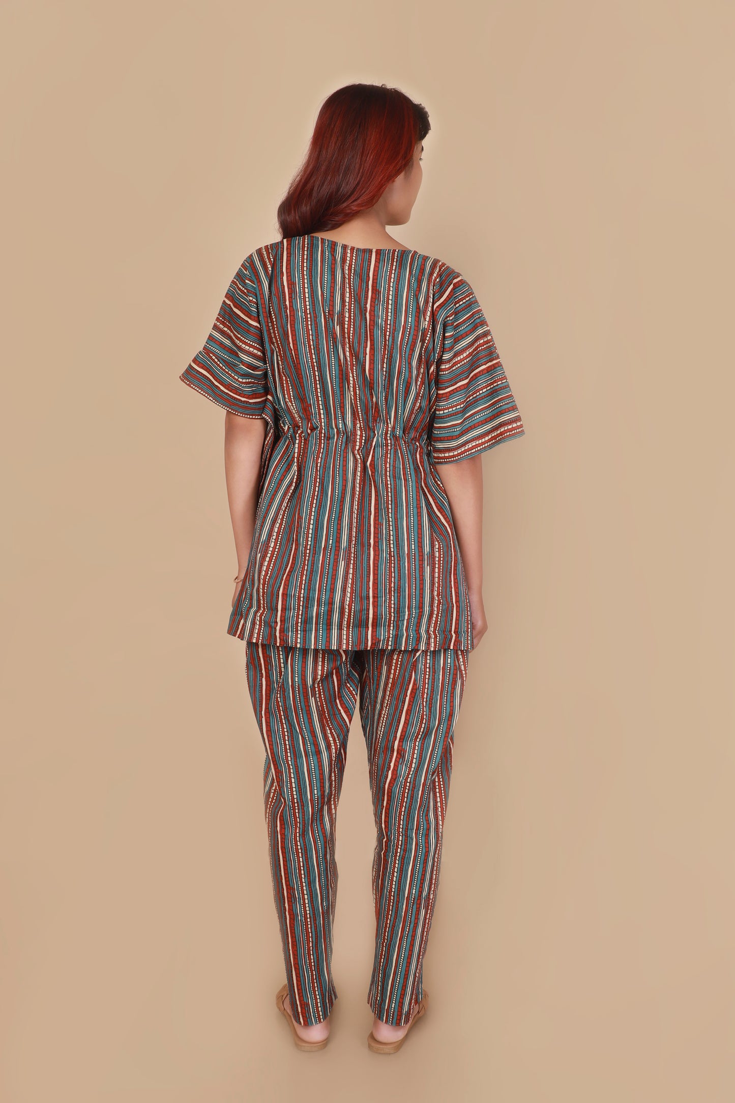 Aqua blue colourful stripe cotton kaftan set for women