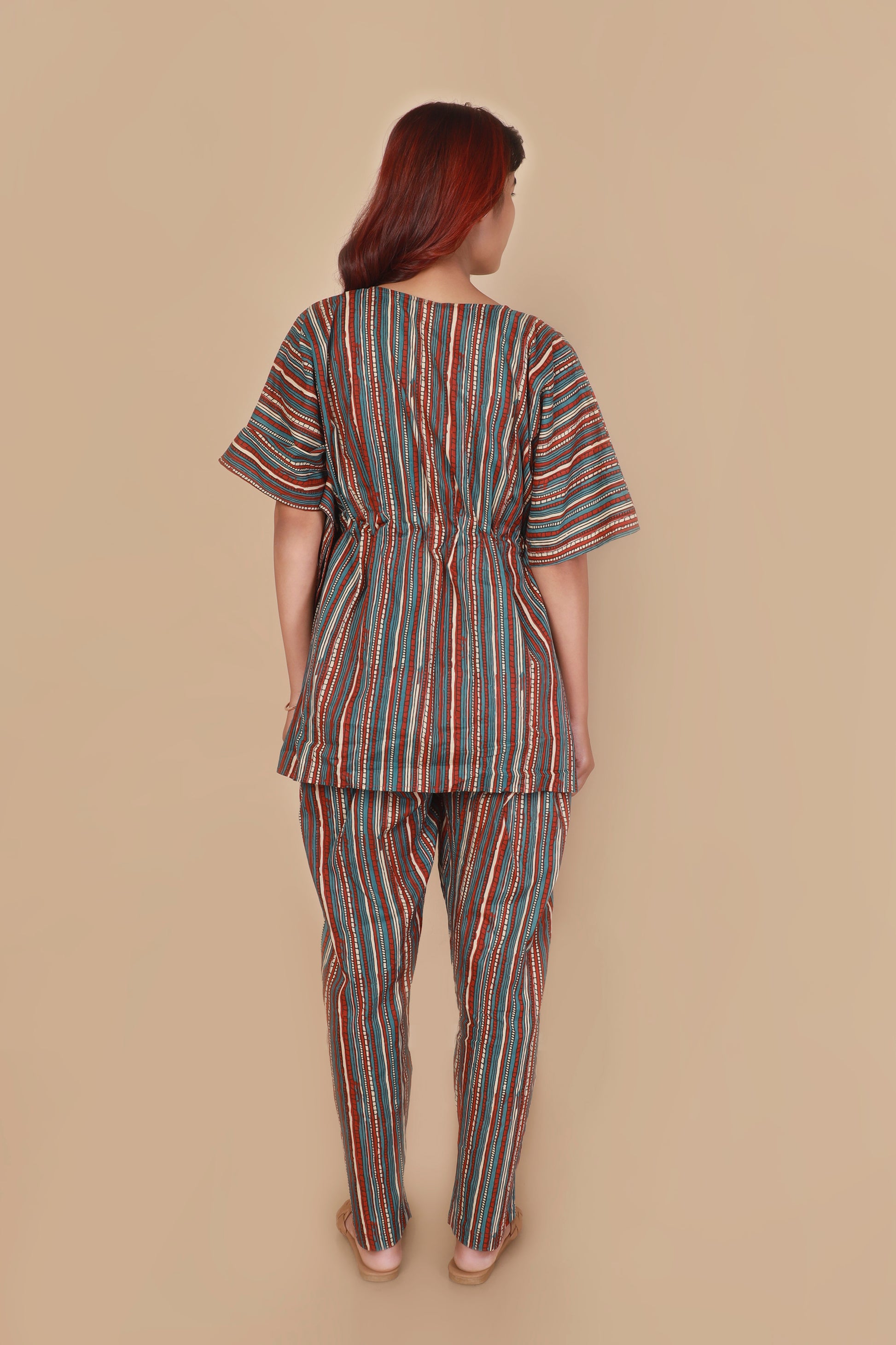 Aqua blue colourful stripe cotton kaftan set for women