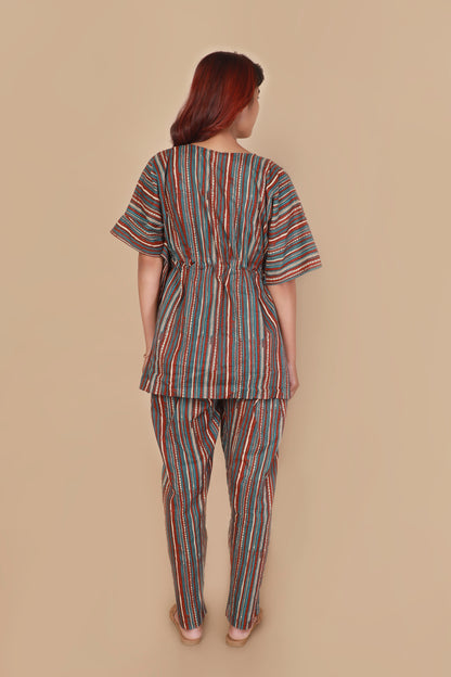 Aqua blue colourful stripe cotton kaftan set for women