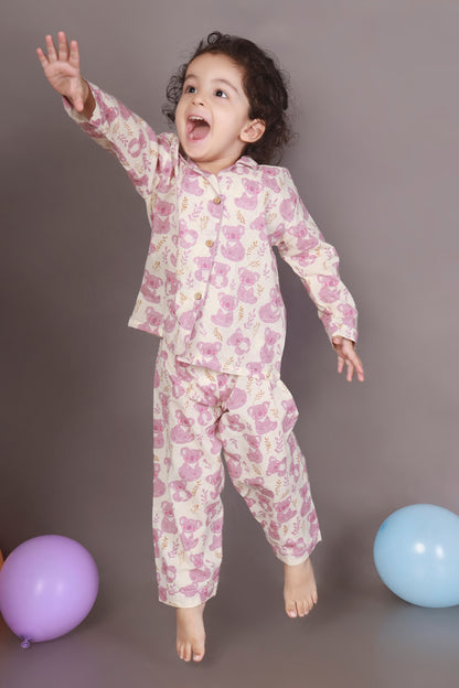 Pink panda teddy cotton shirt pajama nightsuit for kids 