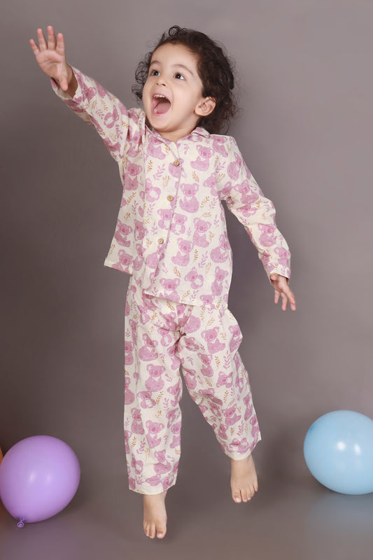 Pink panda teddy cotton shirt pajama nightsuit for kids 