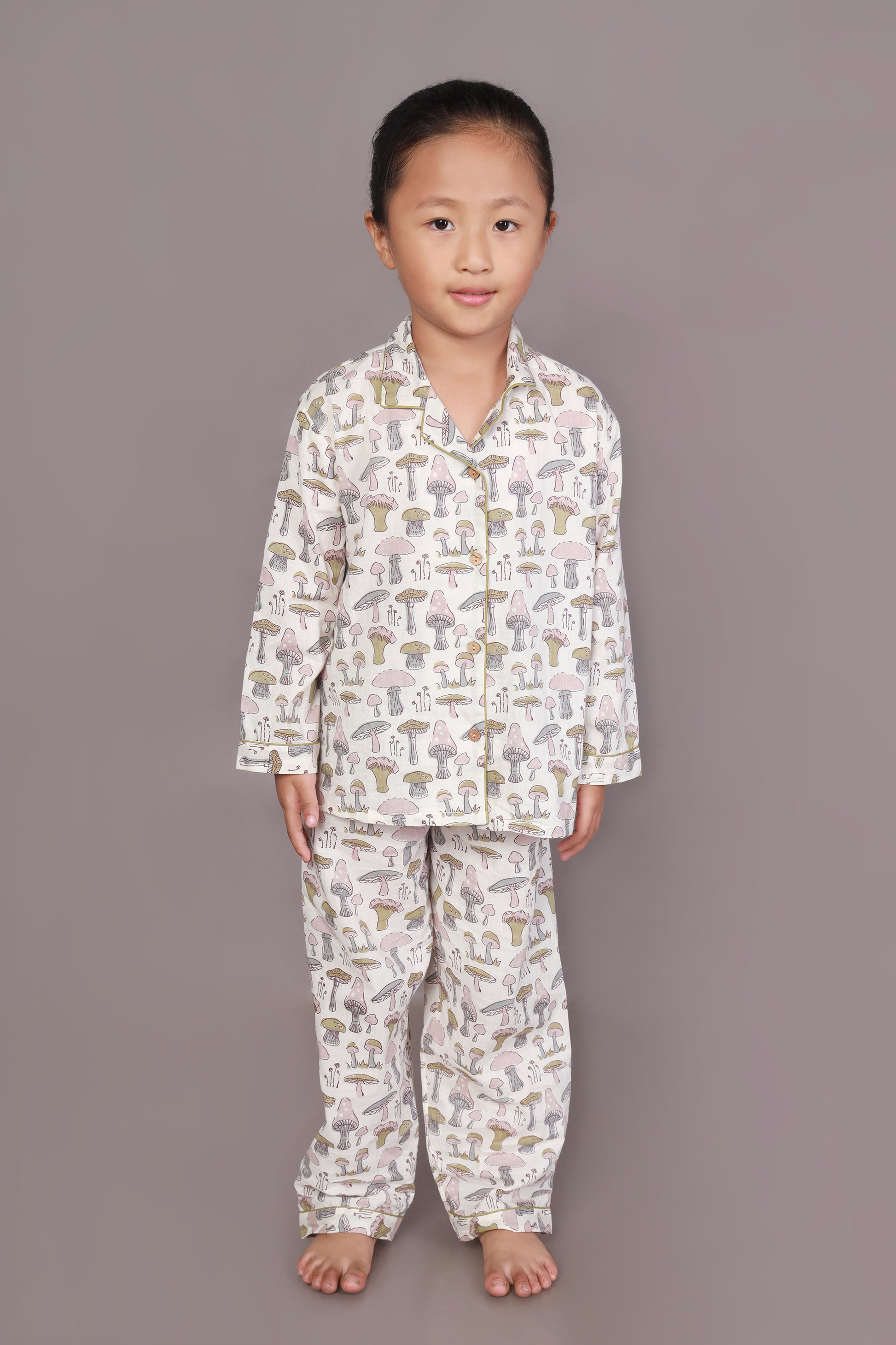 Kids Cotton White Mushroom Print Shirt & Pyjama Unisex Nightsuit