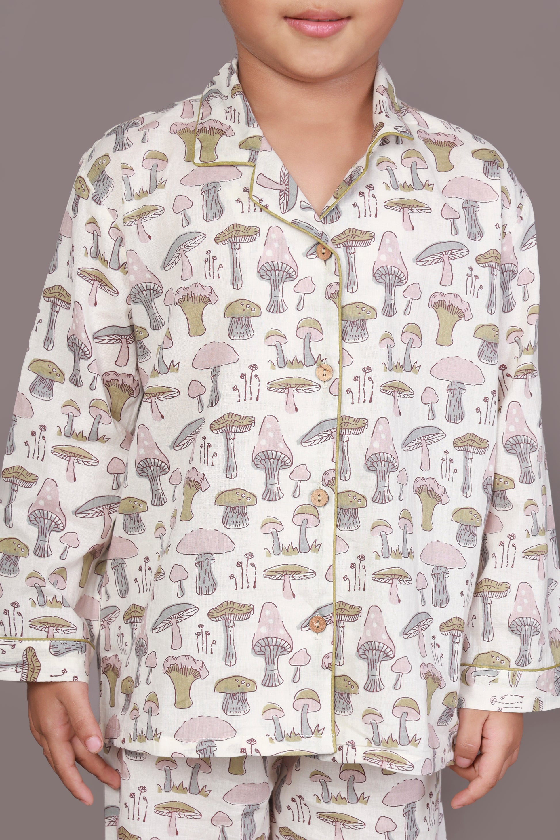 Kids Cotton White Mushroom Print Shirt & Pyjama Unisex Nightsuit