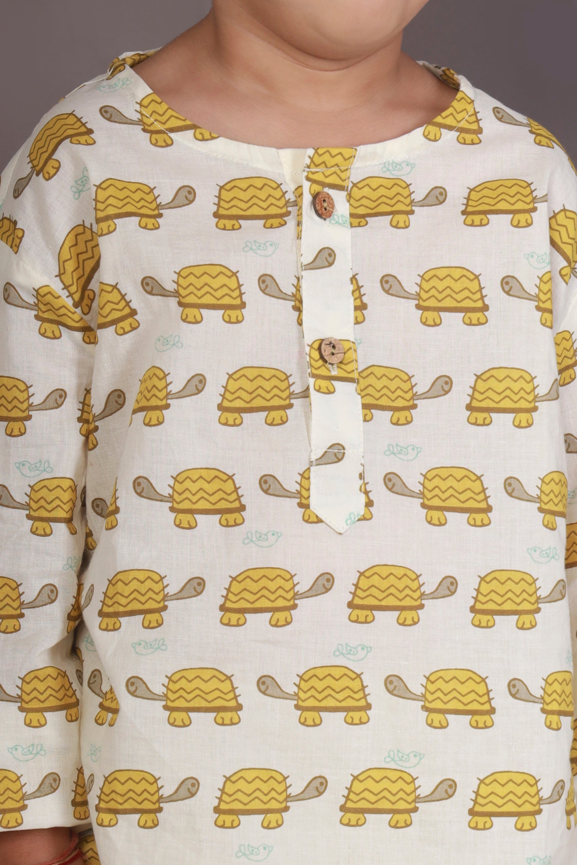 Yellow Turtle print kids kurta pajama nightsuit set 