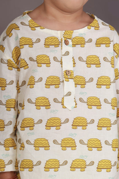 Yellow Turtle print kids kurta pajama nightsuit set 