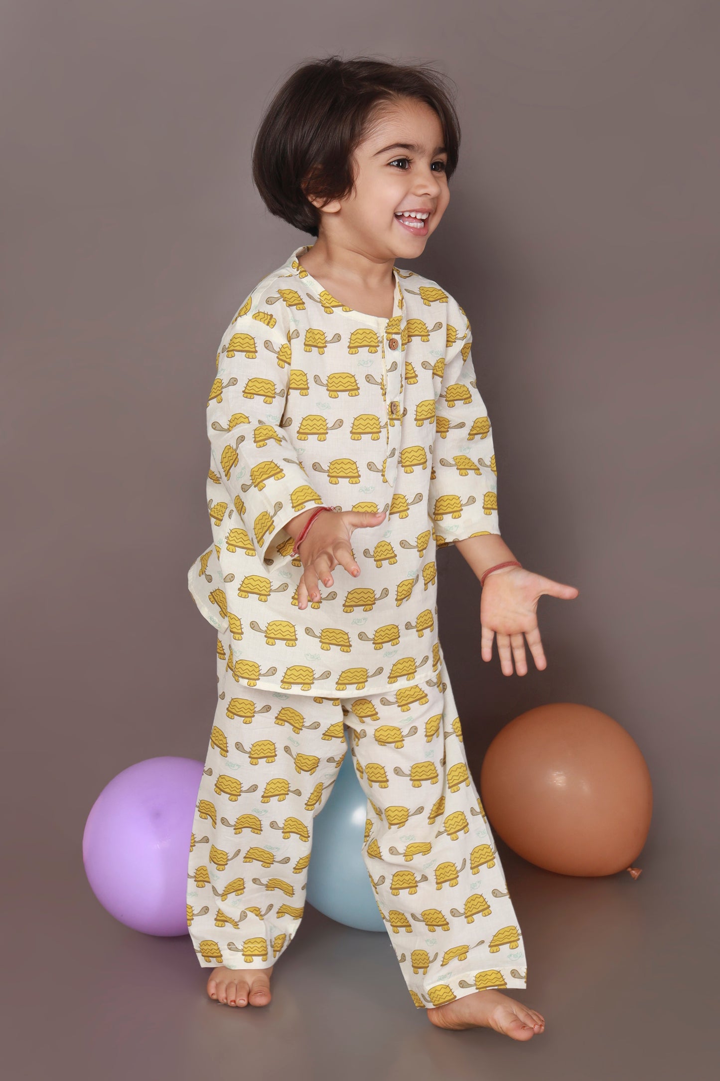 Yellow Turtle print kids kurta pajama nightsuit set 