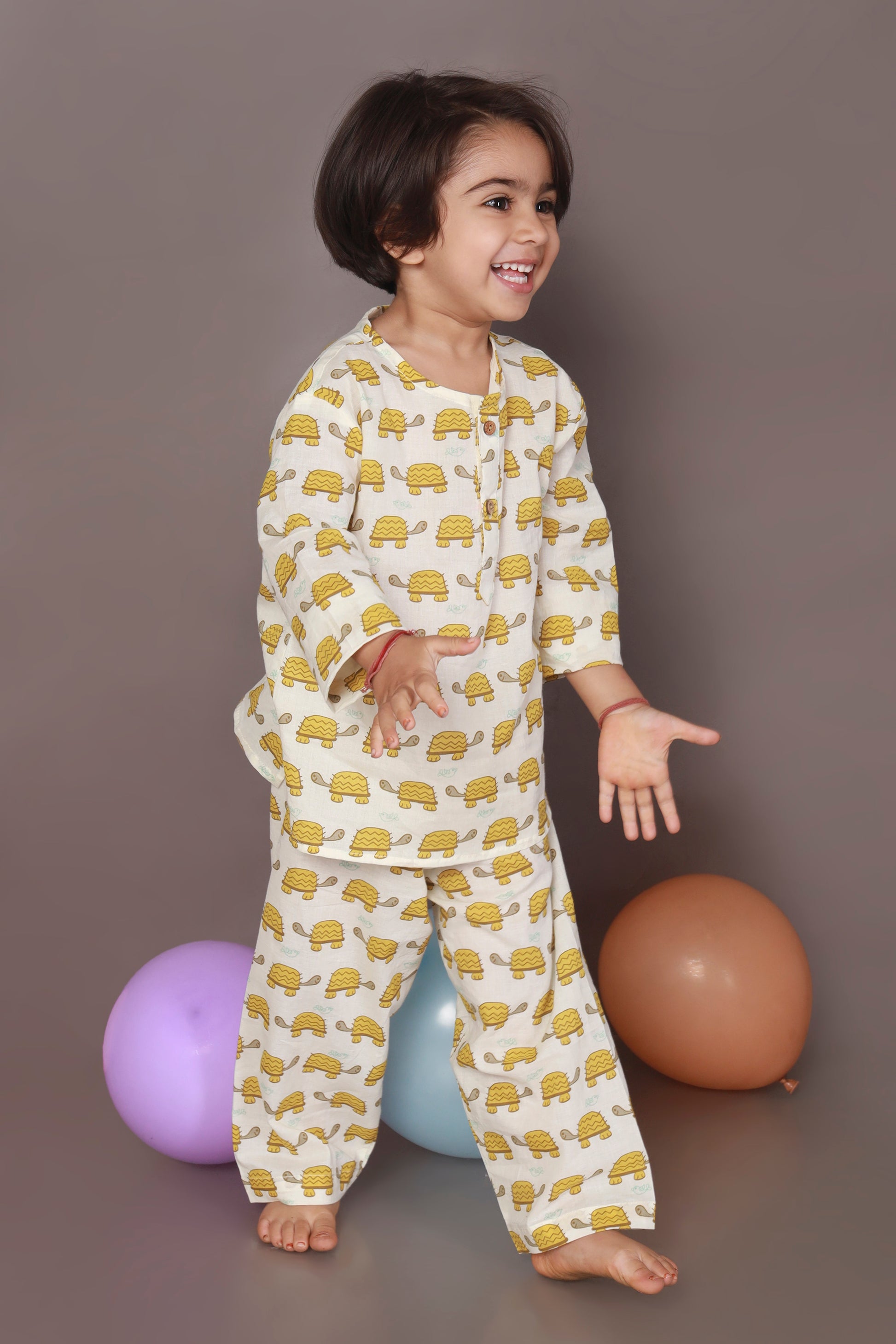 Yellow Turtle print kids kurta pajama nightsuit set 