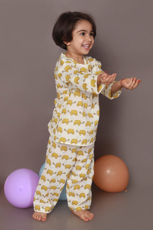 Yellow Turtle print kids kurta pajama nightsuit set 