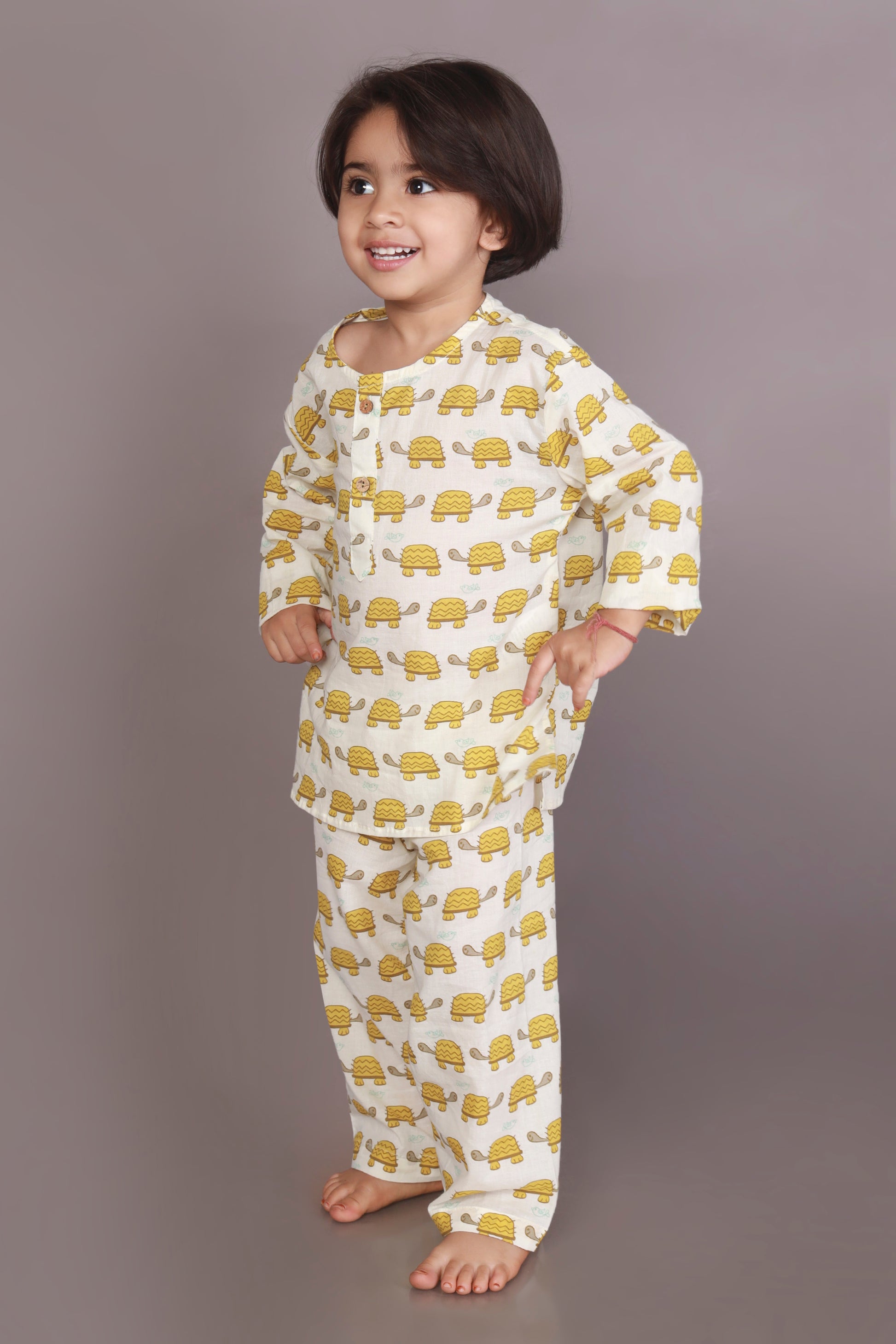 Yellow Turtle print kids kurta pajama nightsuit set 