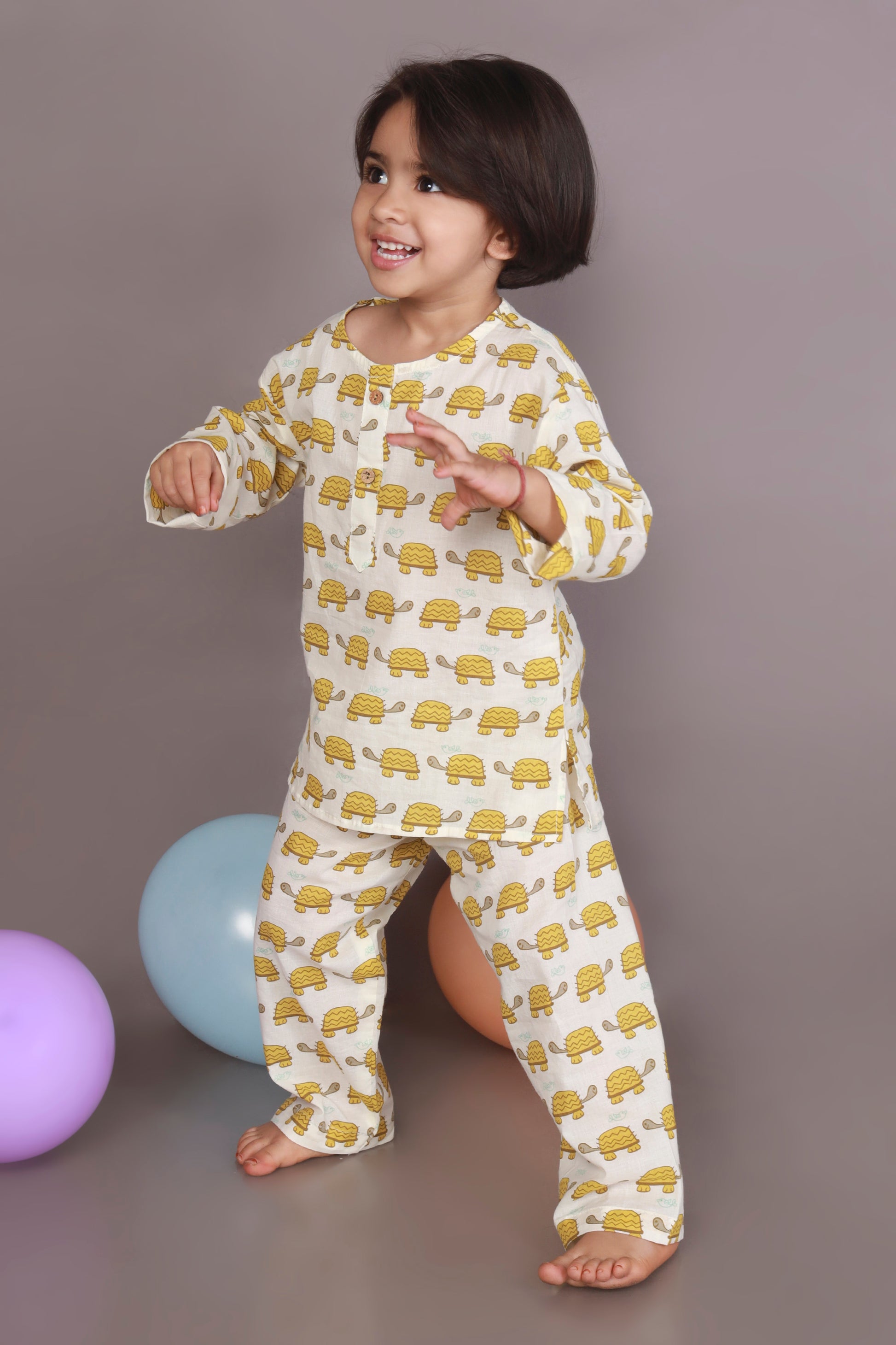 Yellow Turtle print kids kurta pajama nightsuit set 