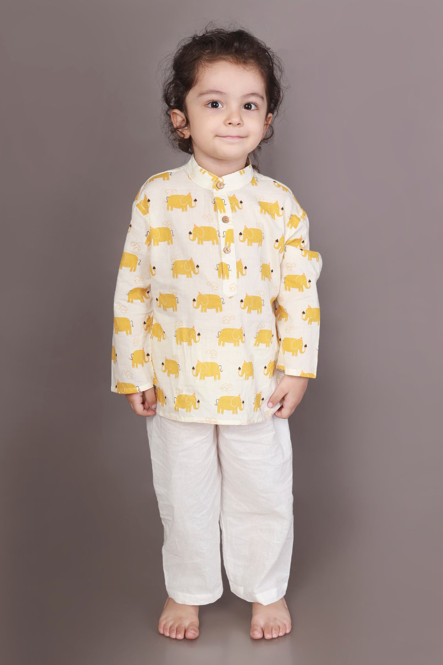 Yellow Elephant print kurta pajama nightsuit set for kids 