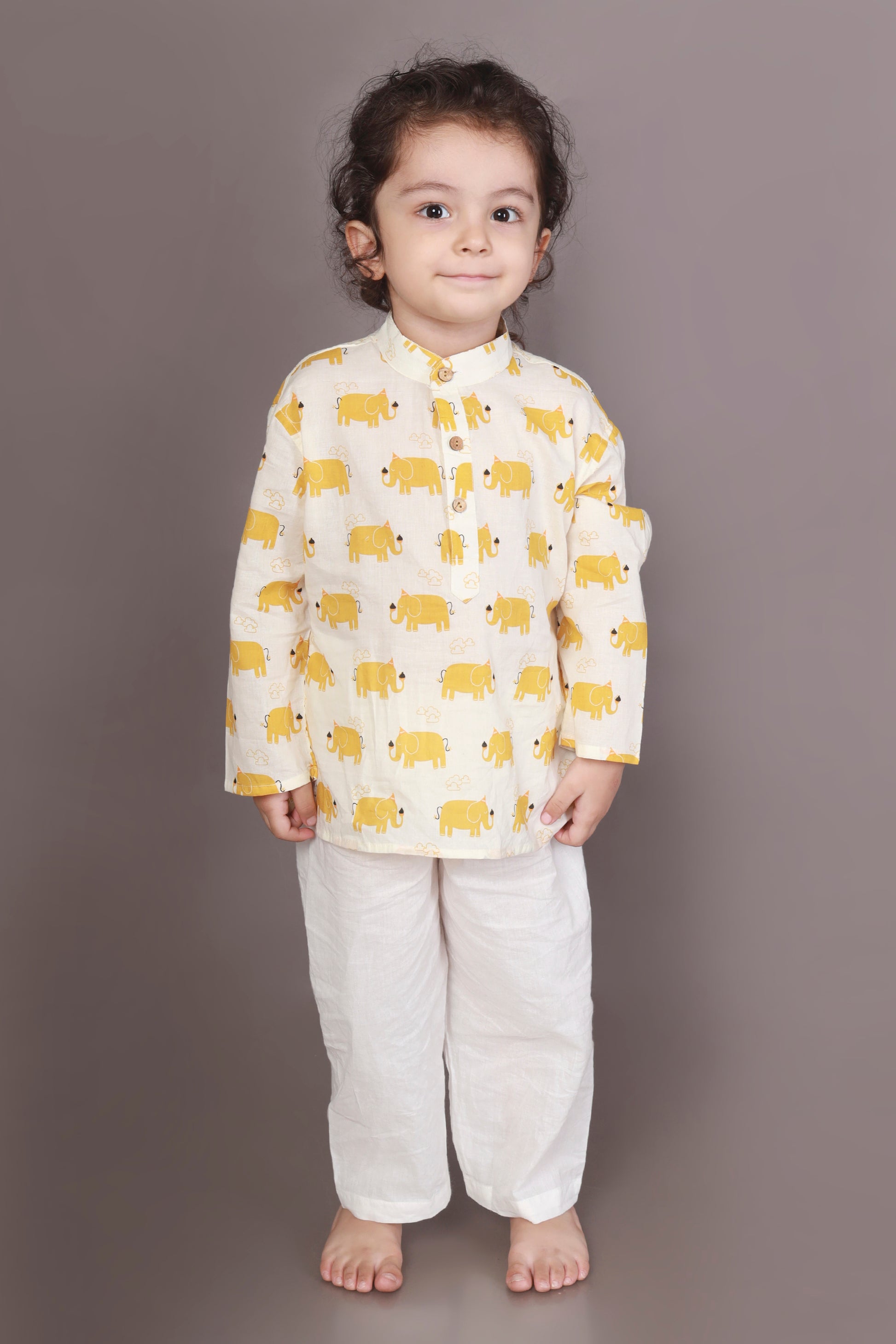 Yellow Elephant print kurta pajama nightsuit set for kids 