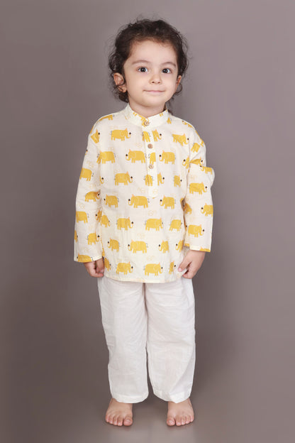 Yellow Elephant print kurta pajama nightsuit set for kids 