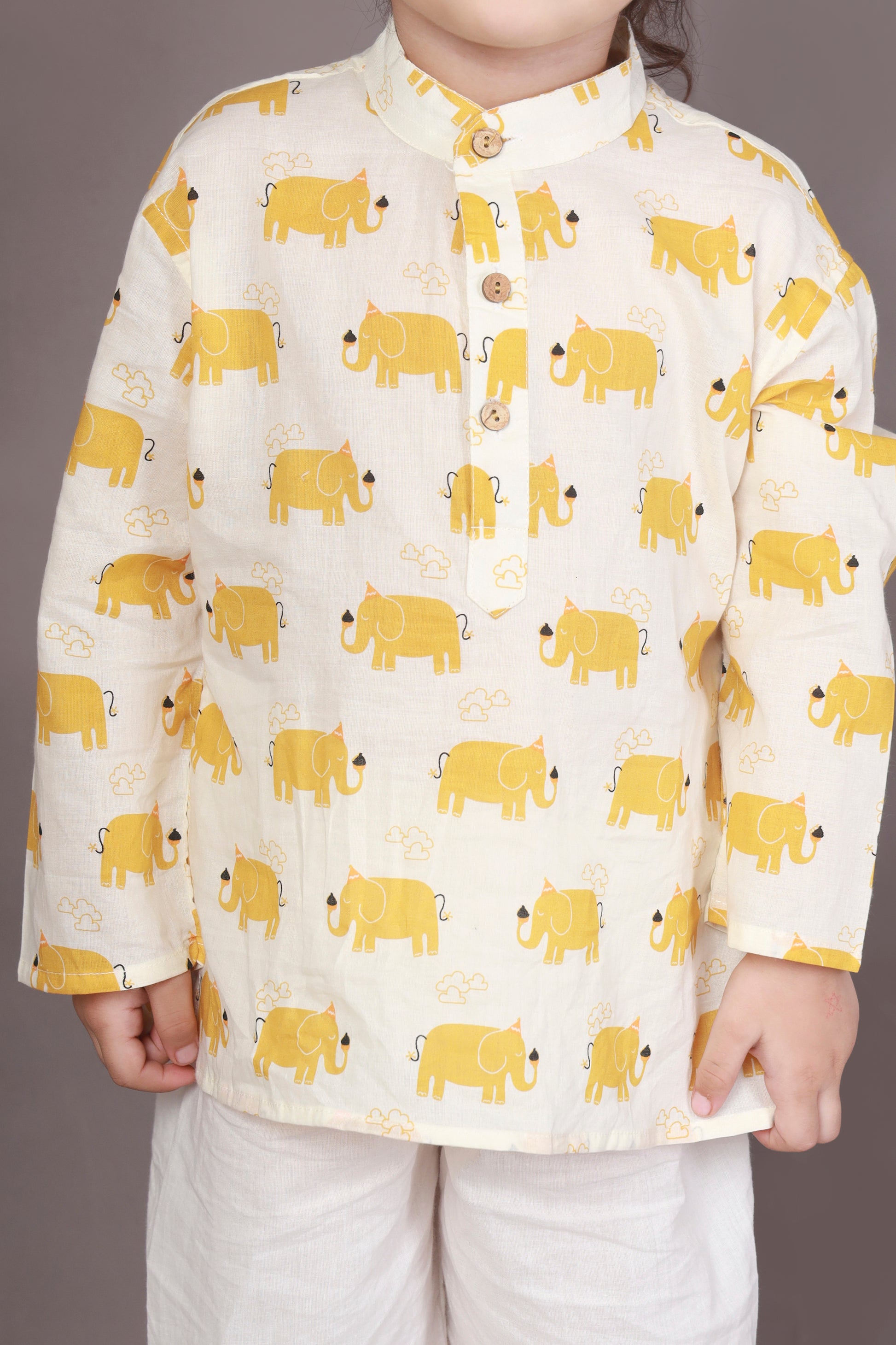 Yellow Elephant print kurta pajama nightsuit set for kids 