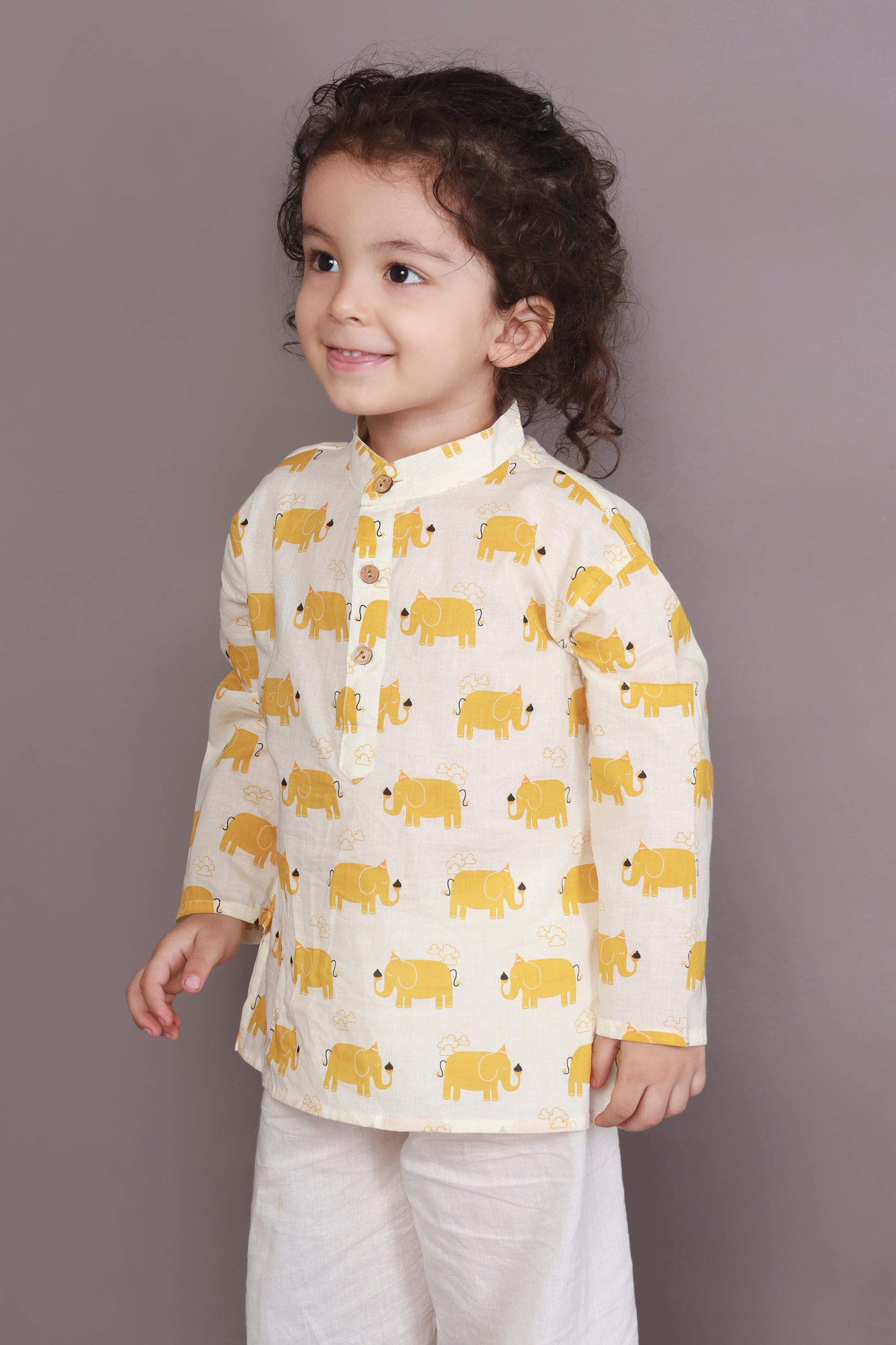 Yellow Elephant print kurta pajama nightsuit set for kids 