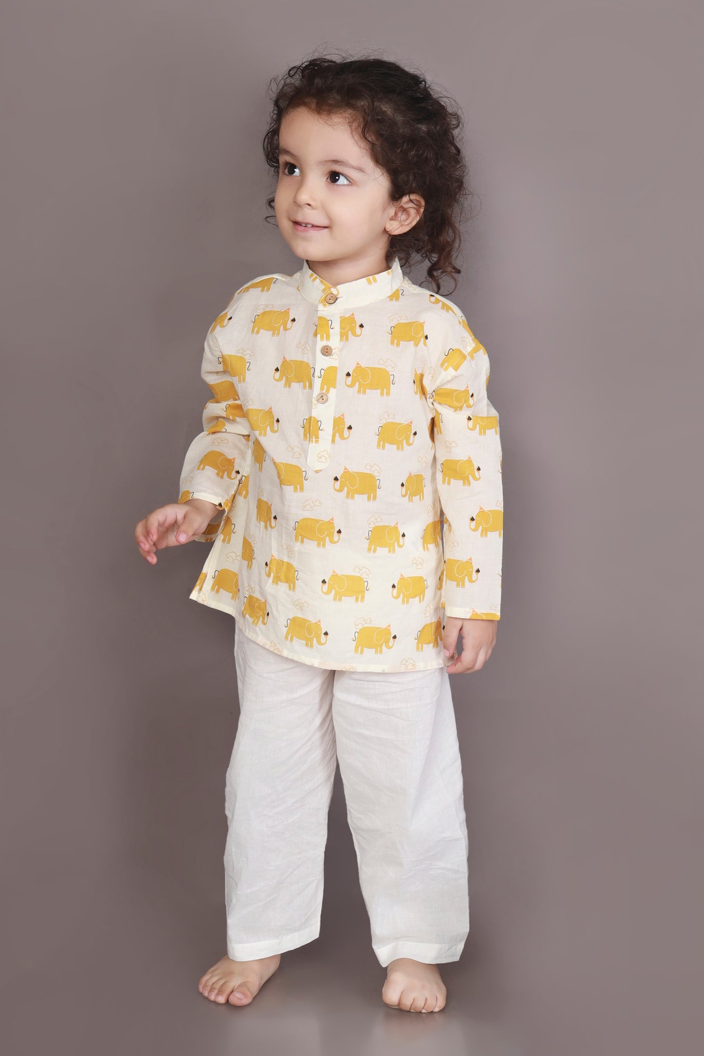 Yellow Elephant print kurta pajama nightsuit set for kids 