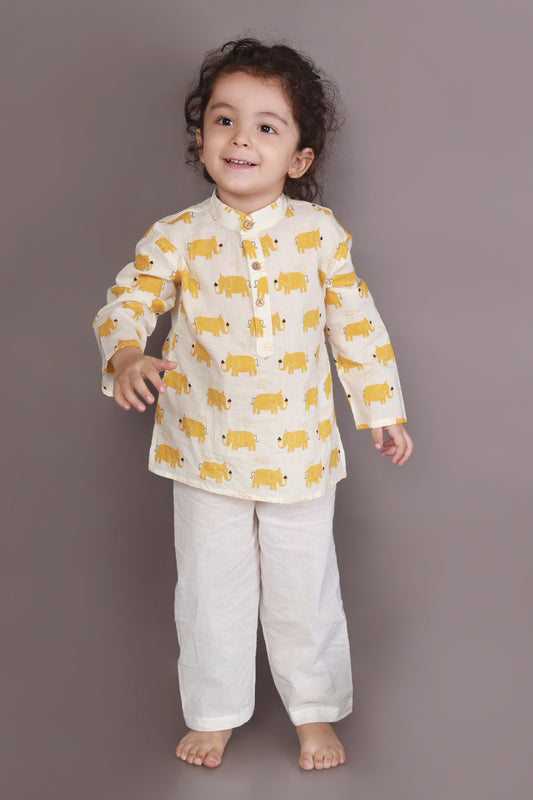 Yellow Elephant print kurta pajama nightsuit set for kids 