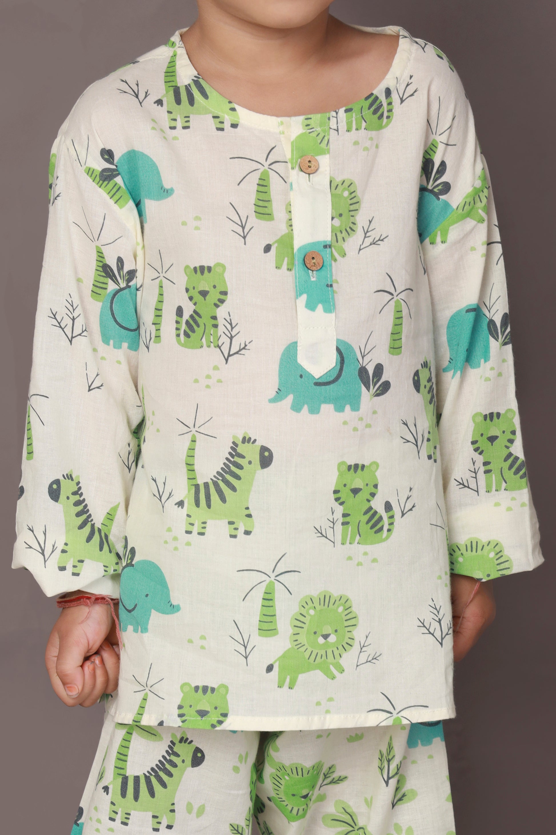 tiger elephant print blue green kurta pajama nightsuit set for kids 