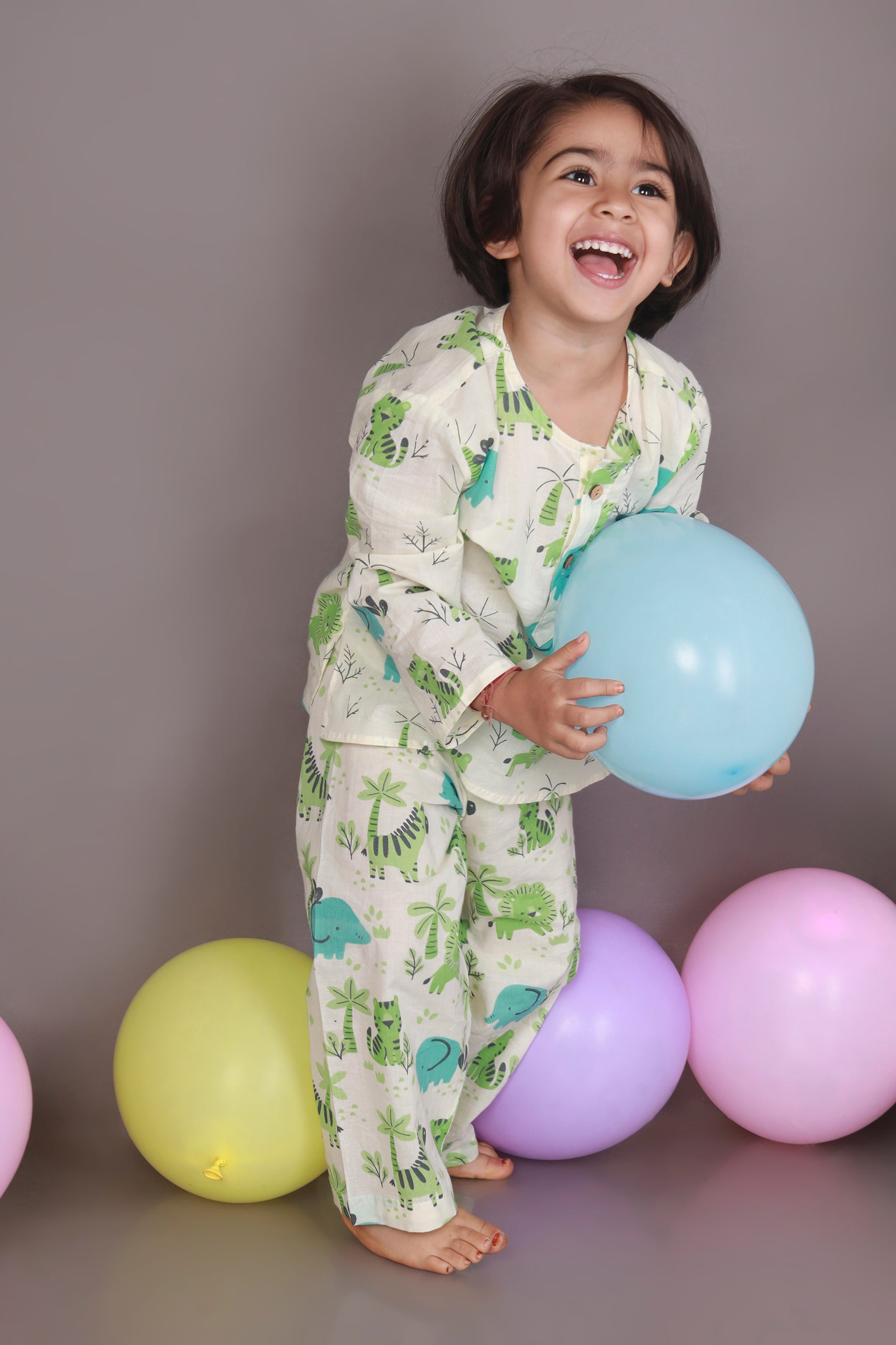 tiger elephant print blue green kurta pajama nightsuit set for kids 