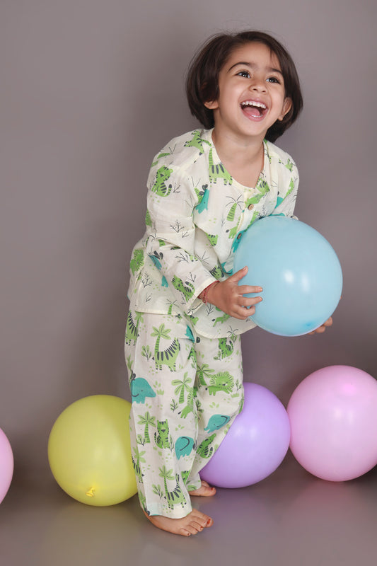 tiger elephant print blue green kurta pajama nightsuit set for kids 