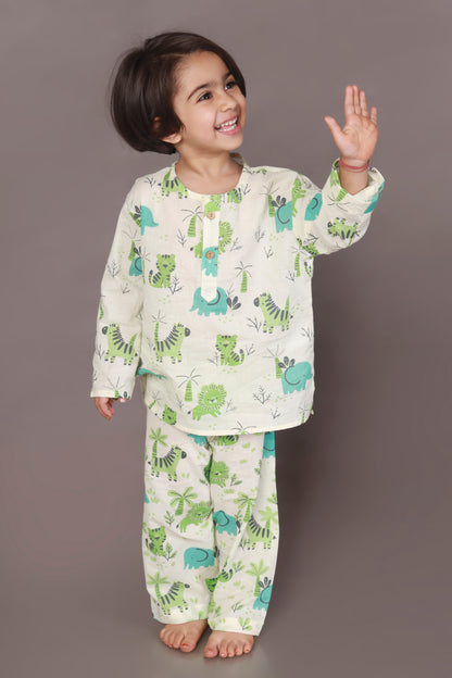 tiger elephant print blue green kurta pajama nightsuit set for kids 