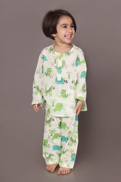 tiger elephant print blue green kurta pajama nightsuit set for kids 