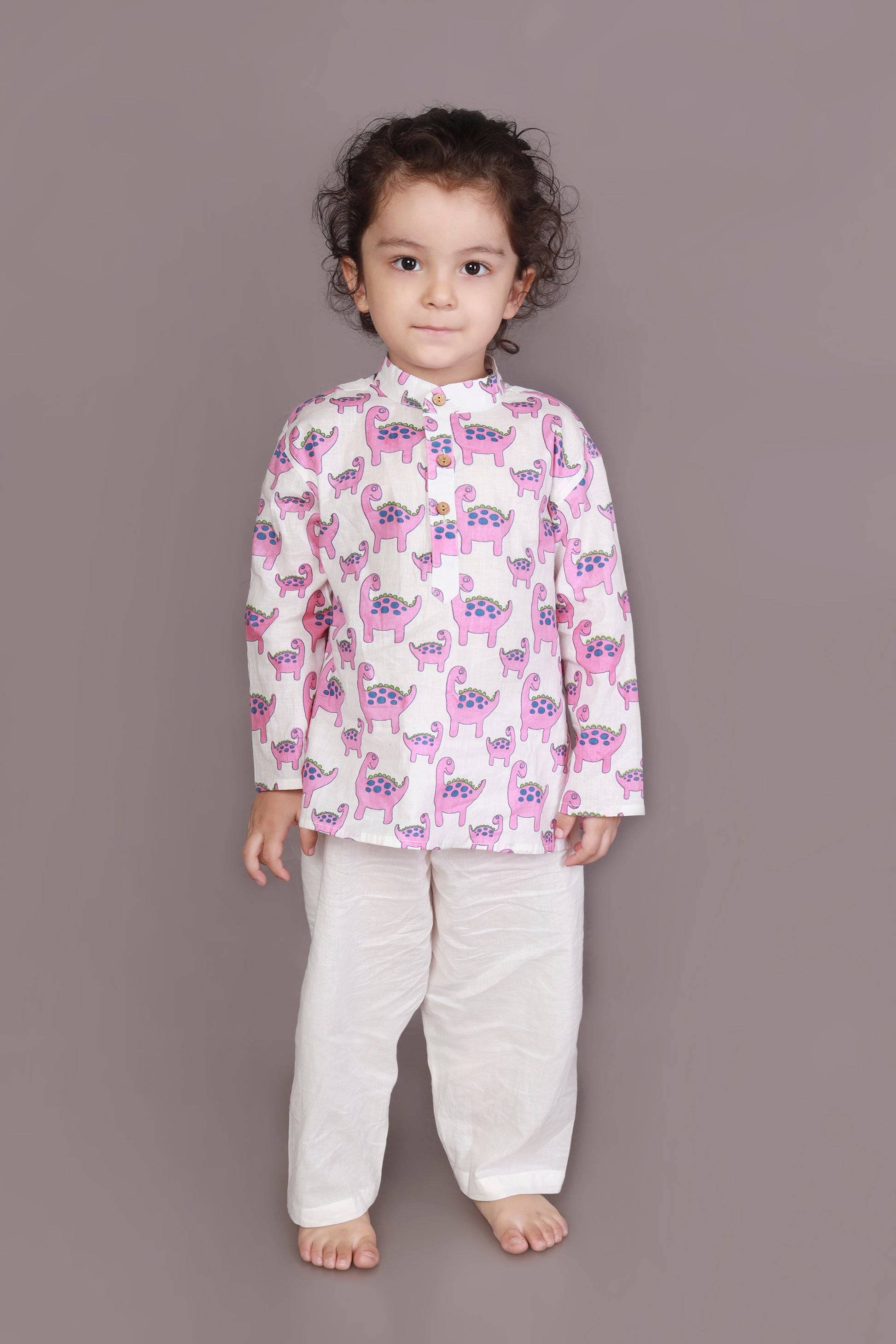 Pink Dino Kurta Pajama Nightsuit set for kids 