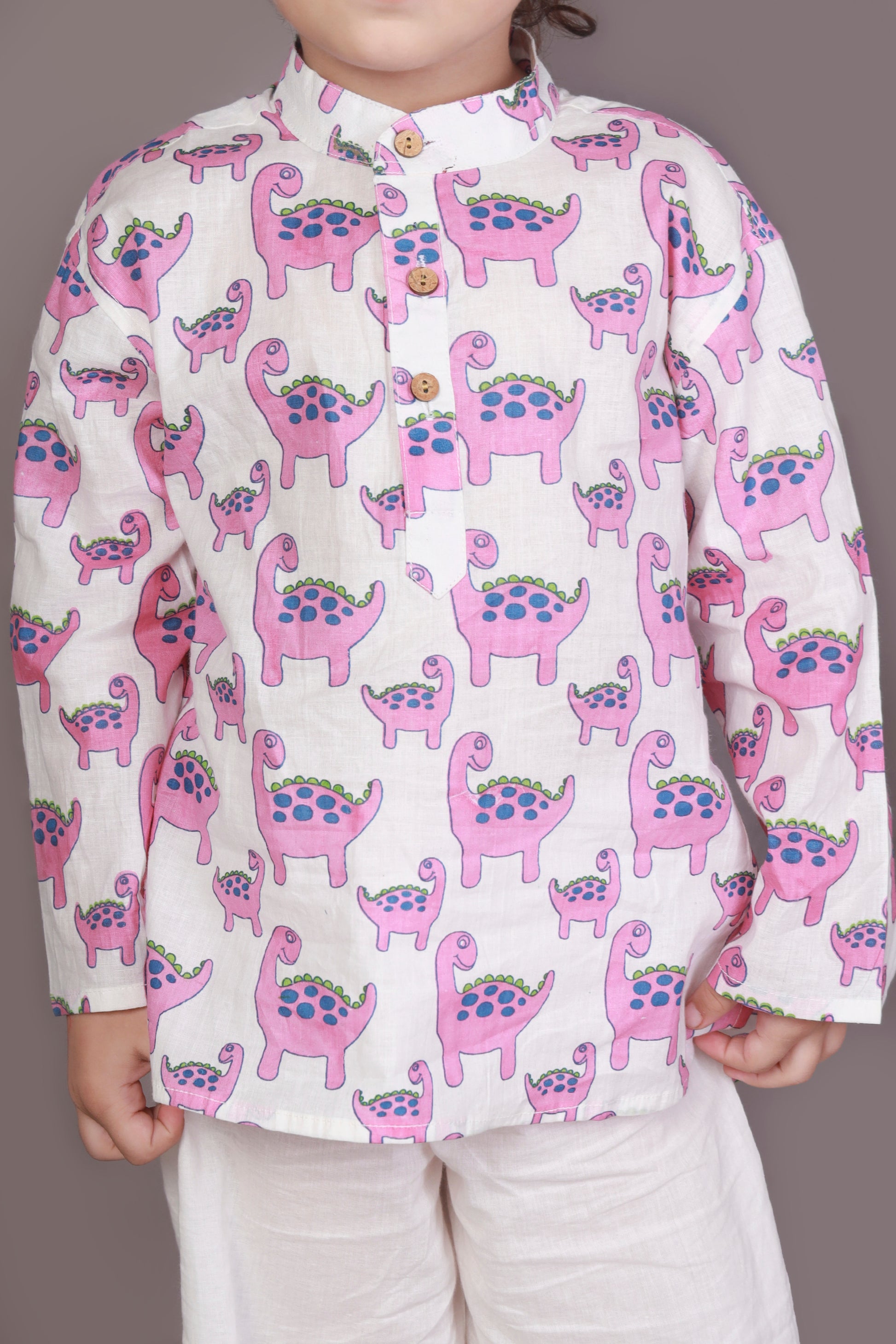 Pink Dino Kurta Pajama Nightsuit set for kids 