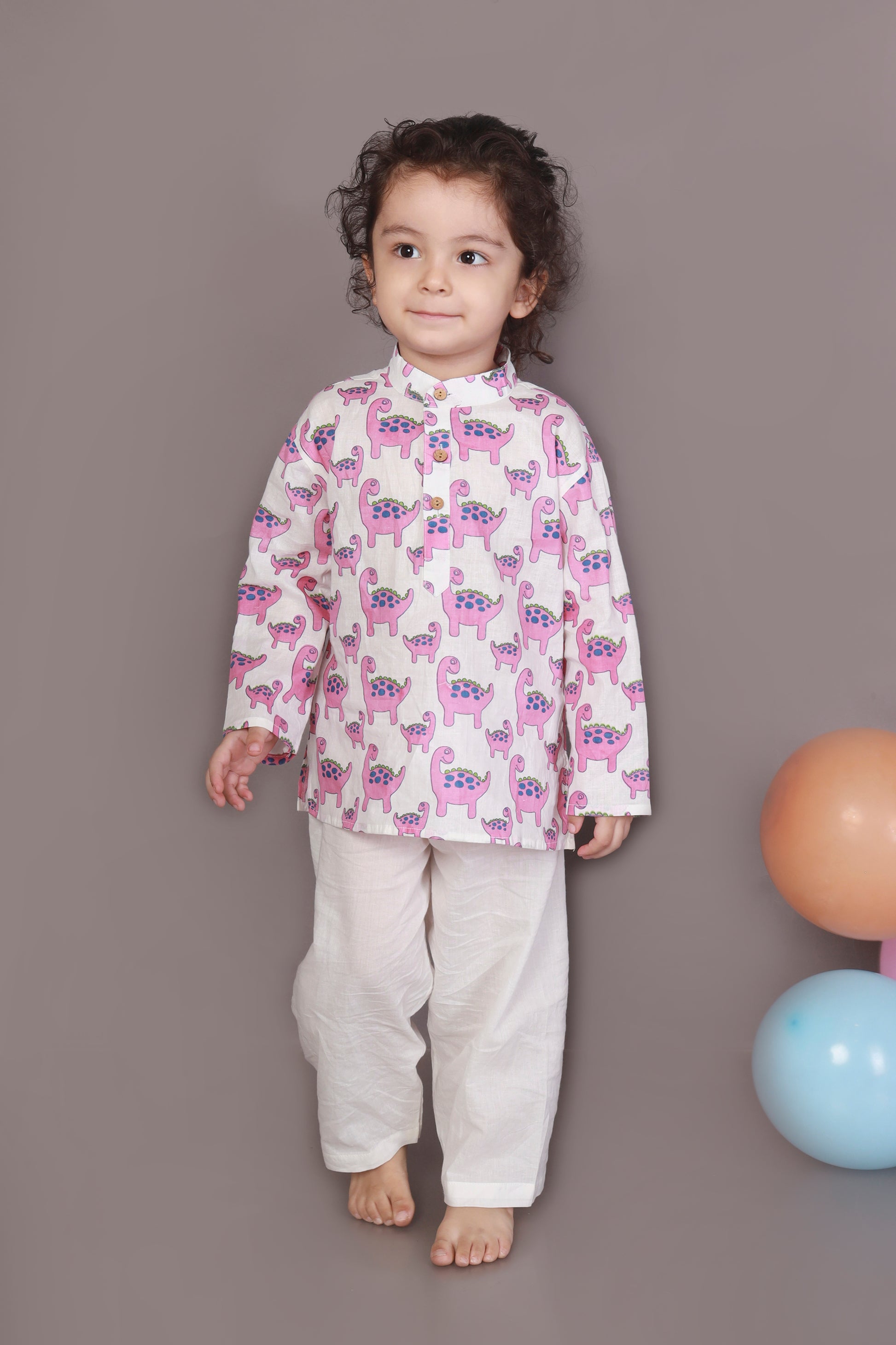 Pink Dino Kurta Pajama Nightsuit set for kids 