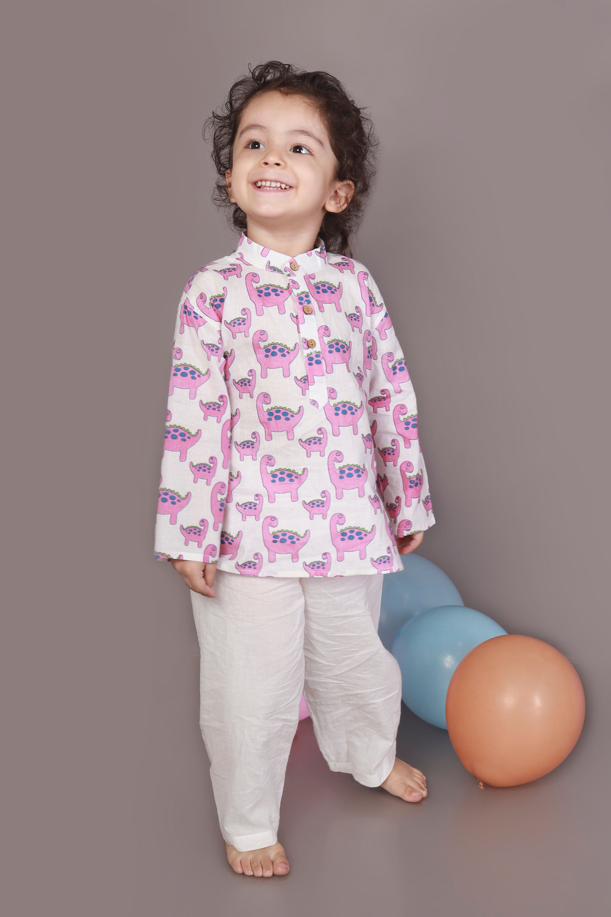 Pink Dino Kurta Pajama Nightsuit set for kids 
