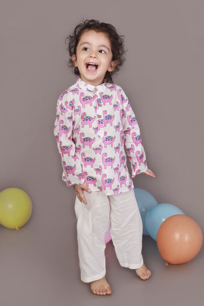 Pink Dino Kurta Pajama Nightsuit set for kids 