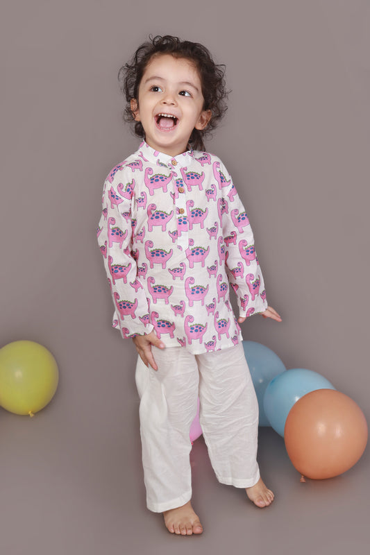 Pink Dino Kurta Pajama Nightsuit set for kids 