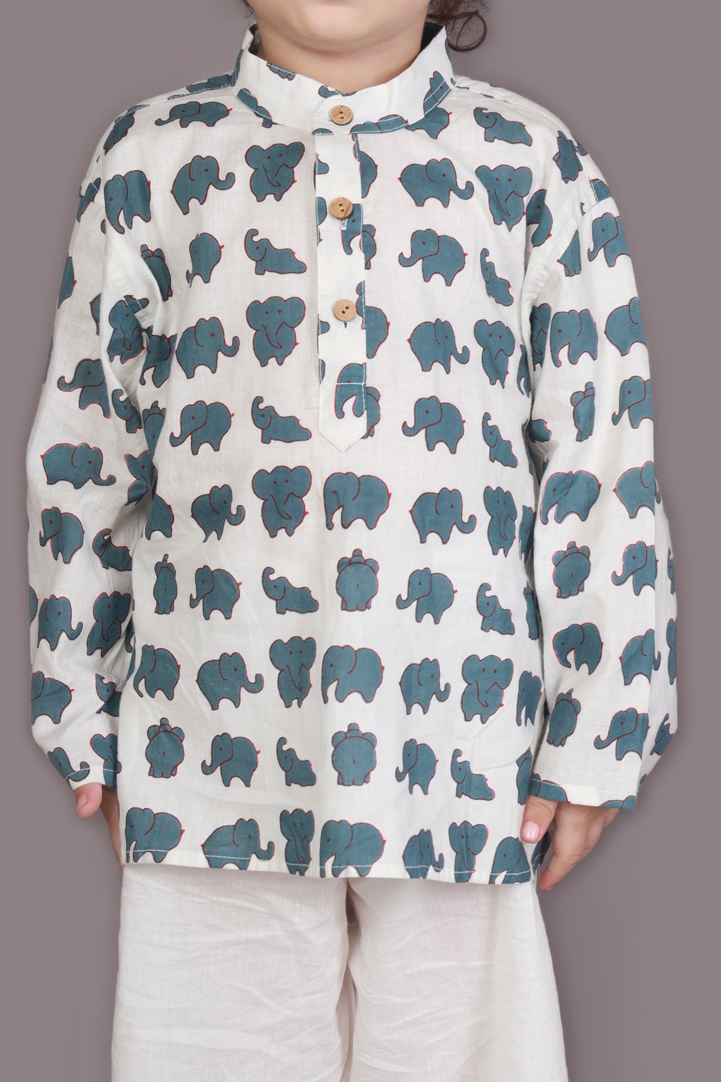 White Elephant Print Cotton Kurta & Pyjama  Nightsuit Set for Boys & Girls