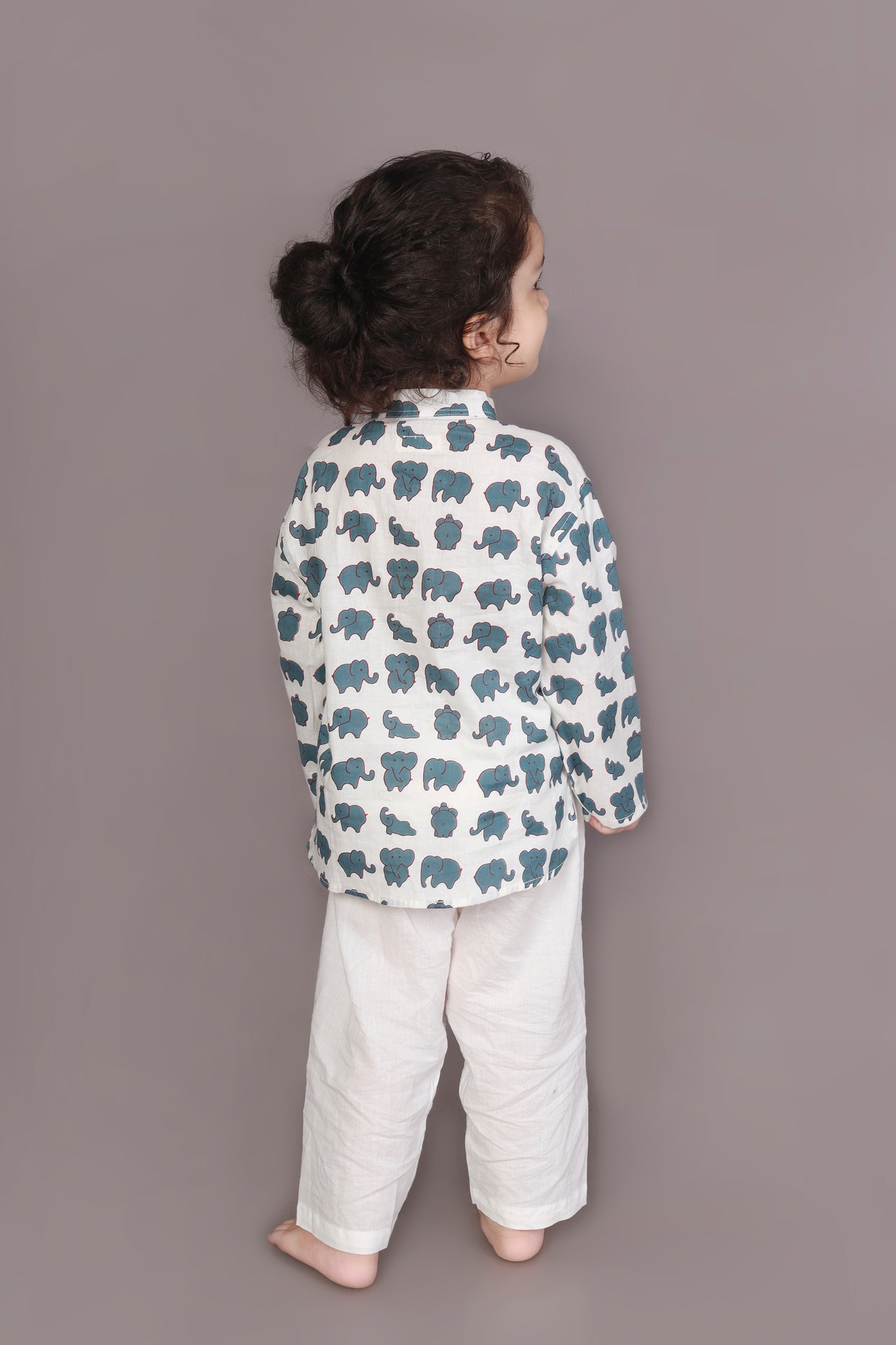 White Elephant Print Cotton Kurta & Pyjama  Nightsuit Set for Boys & Girls