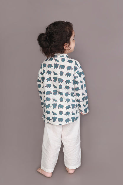 White Elephant Print Cotton Kurta & Pyjama  Nightsuit Set for Boys & Girls