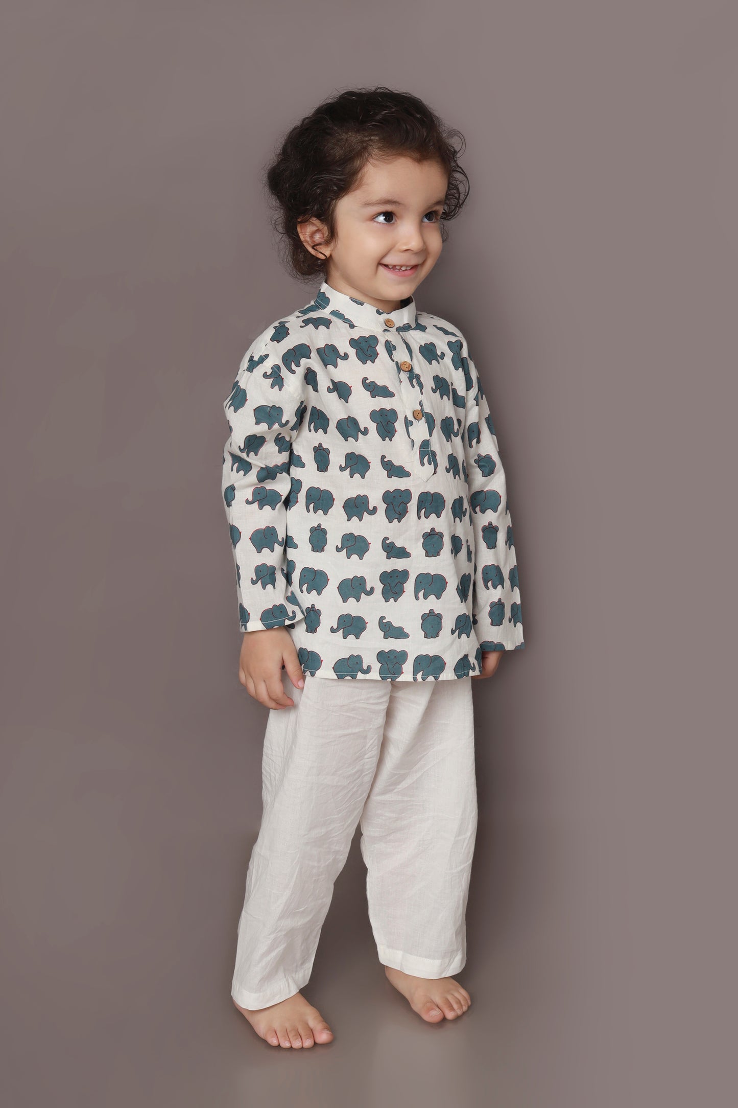 White Elephant Print Cotton Kurta & Pyjama  Nightsuit Set for Boys & Girls