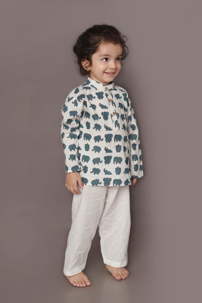 White Elephant Print Cotton Kurta & Pyjama  Nightsuit Set for Boys & Girls