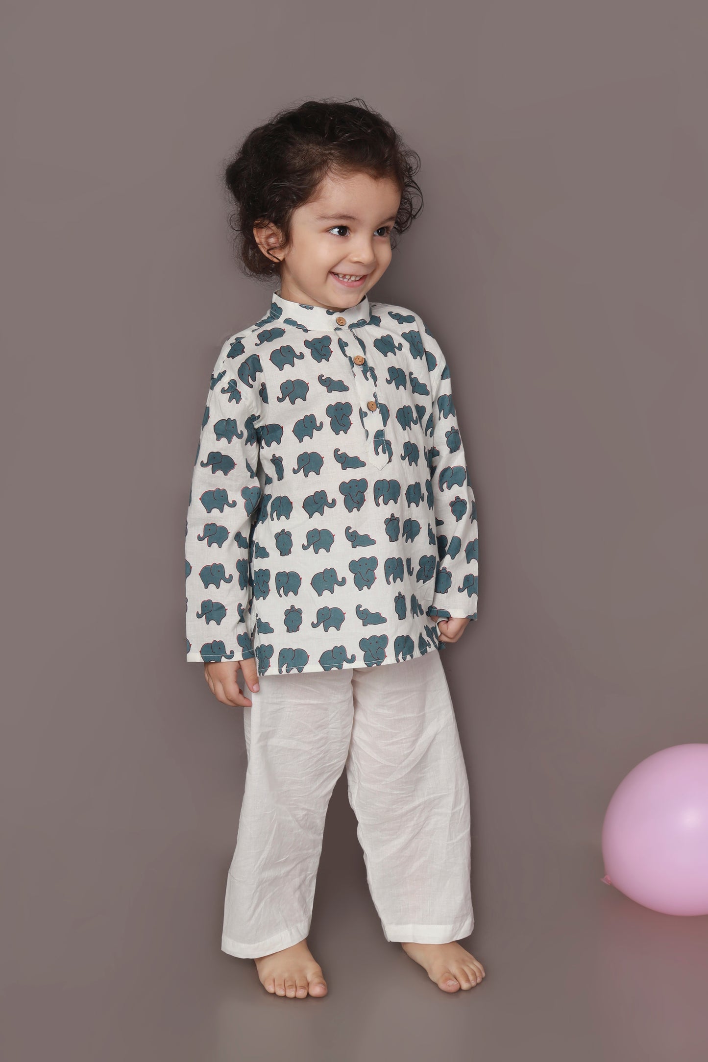 White Elephant Print Cotton Kurta & Pyjama  Nightsuit Set for Boys & Girls