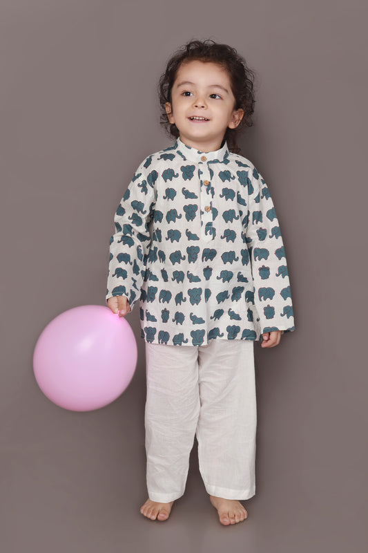 White Elephant Print Cotton Kurta & Pyjama  Nightsuit Set for Boys & Girls