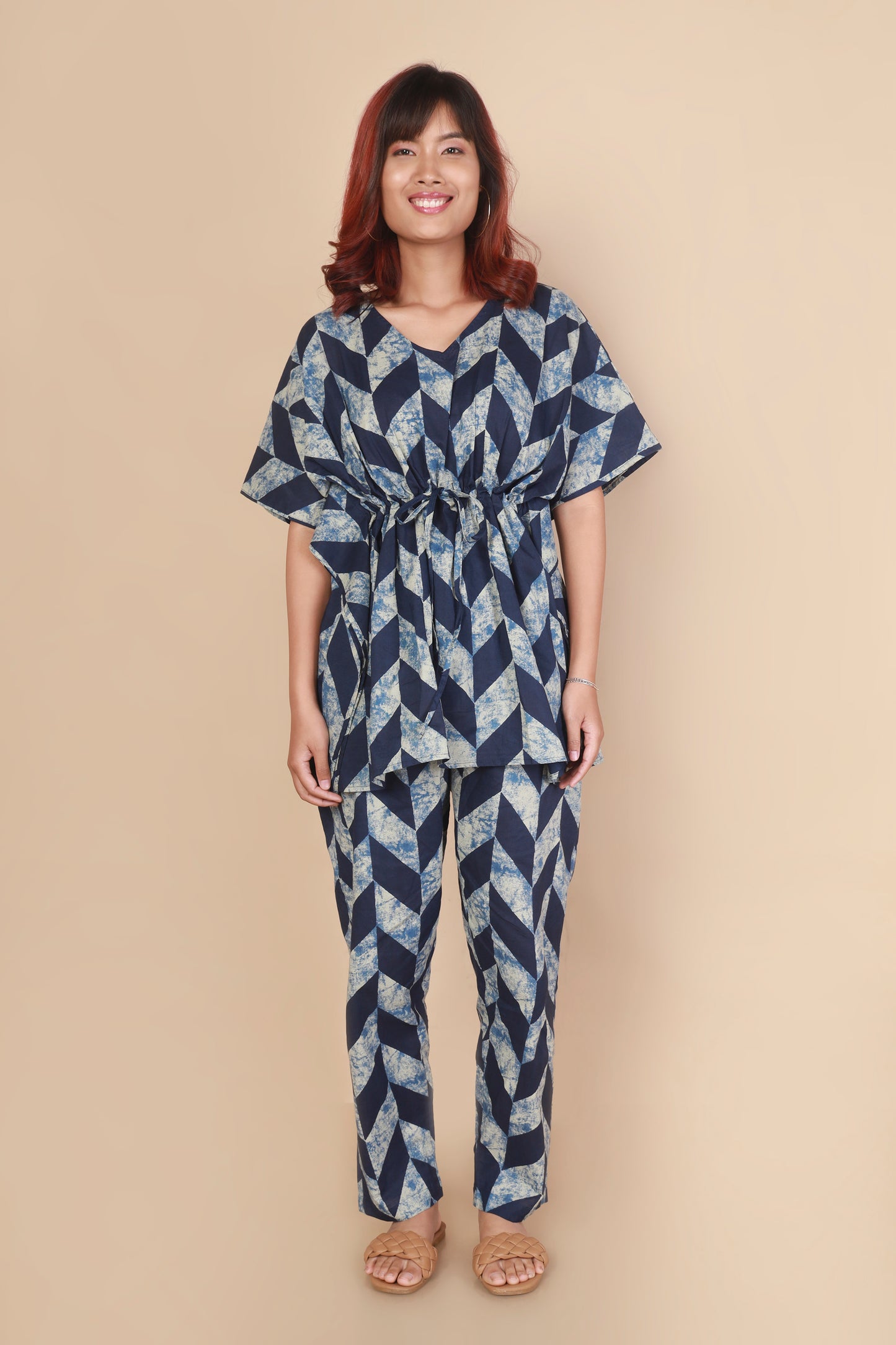 Women’s Loungewear Kaftan Cotton Blue Geometric Print Co-ord Set