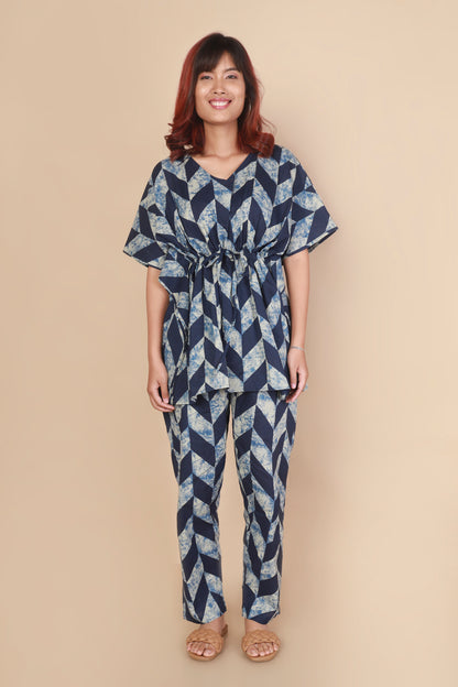 Women’s Loungewear Kaftan Cotton Blue Geometric Print Co-ord Set