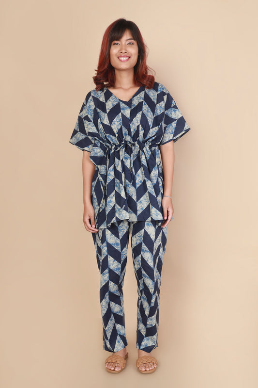 Women’s Loungewear Kaftan Cotton Blue Geometric Print Co-ord Set