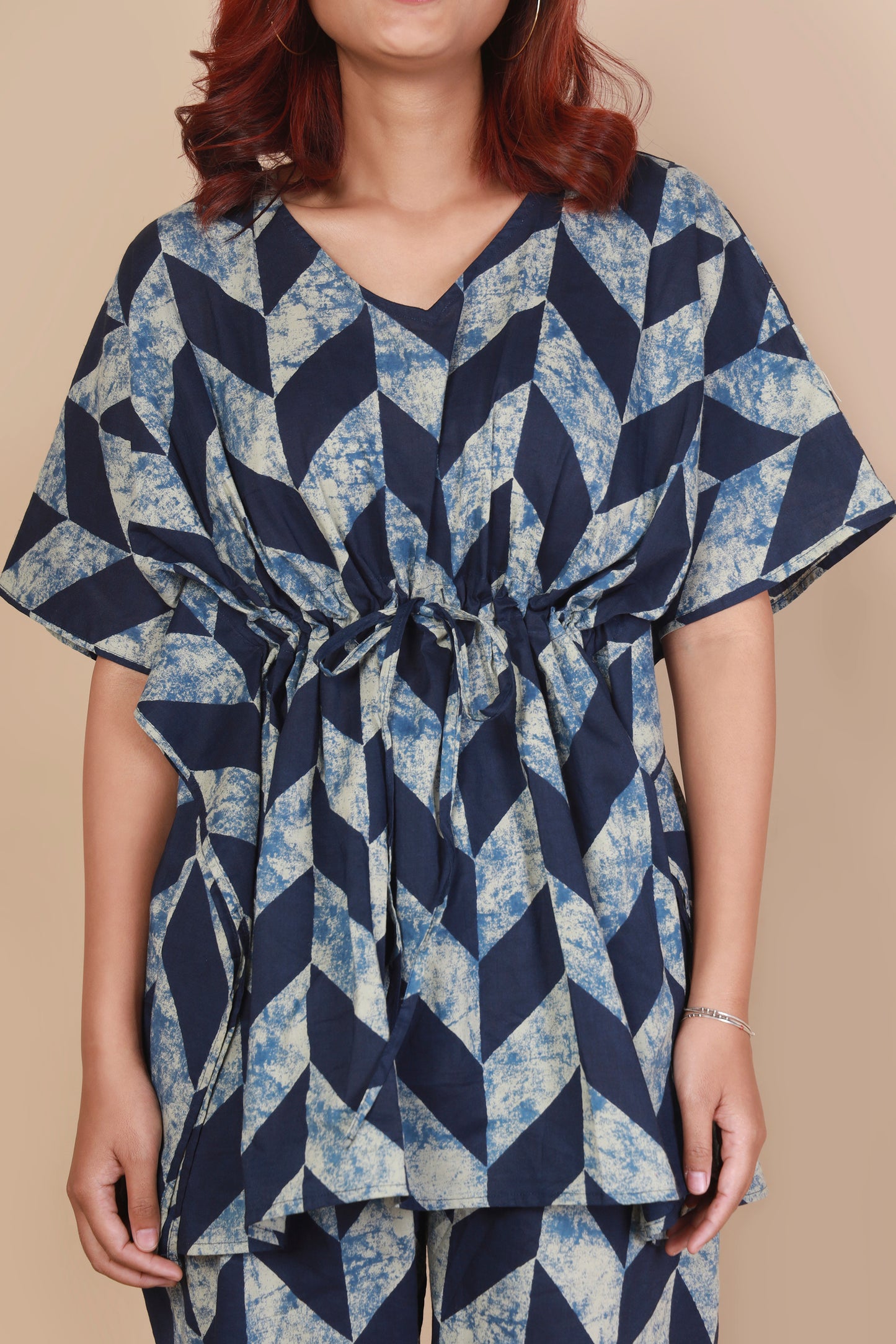 Women’s Loungewear Kaftan Cotton Blue Geometric Print Co-ord Set