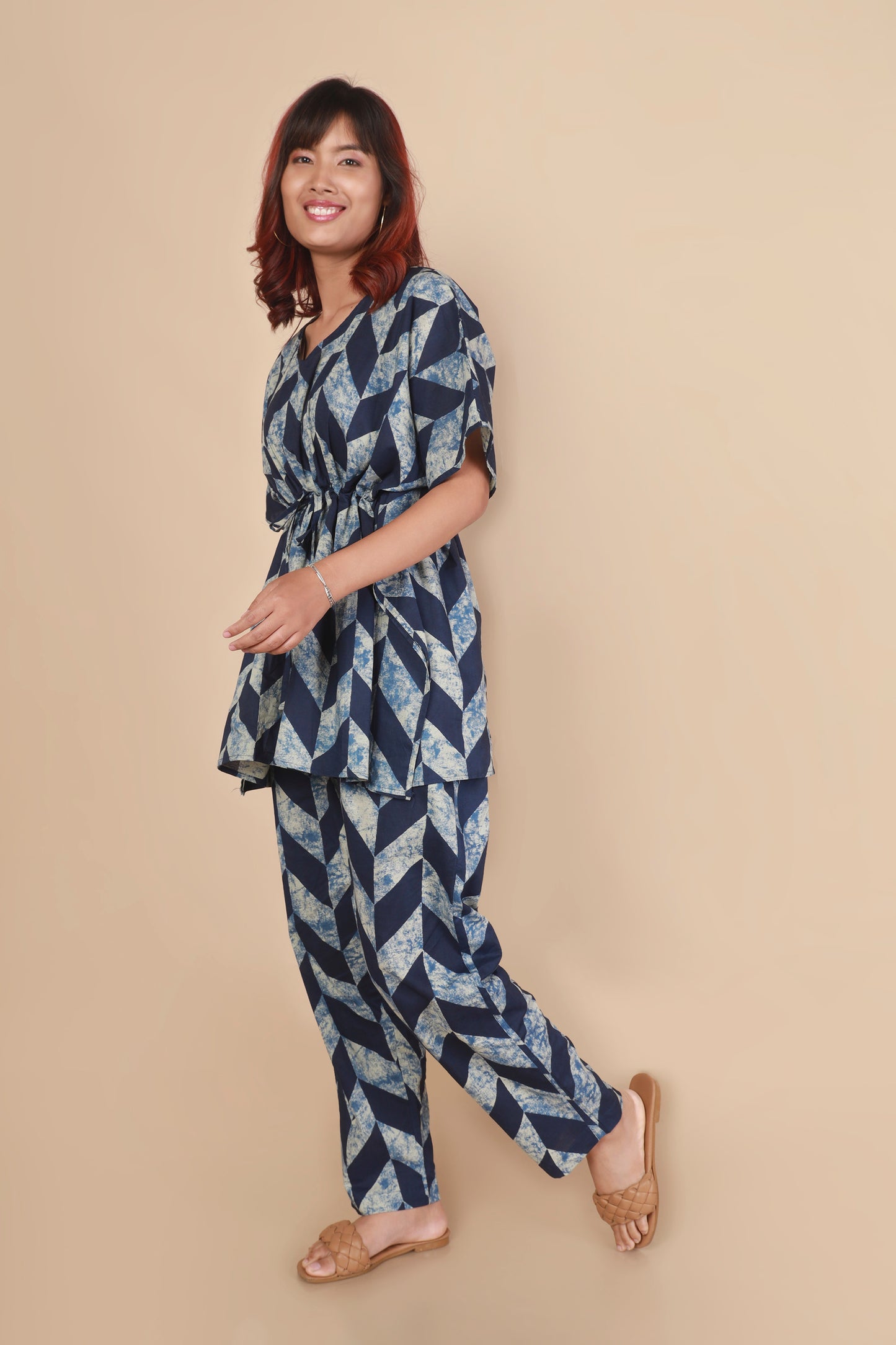 Women’s Loungewear Kaftan Cotton Blue Geometric Print Co-ord Set