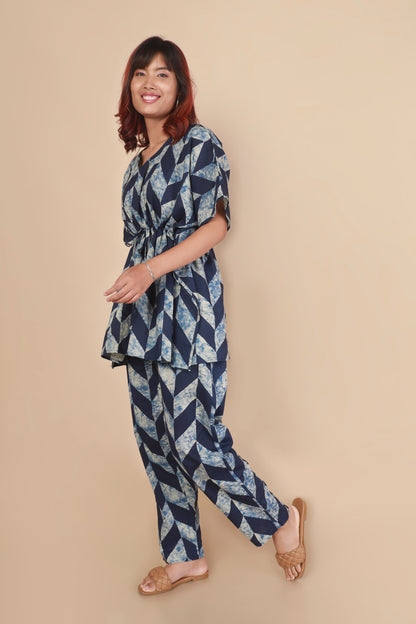 Women’s Loungewear Kaftan Cotton Blue Geometric Print Co-ord Set