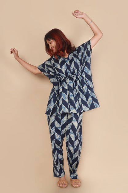 Women’s Loungewear Kaftan Cotton Blue Geometric Print Co-ord Set