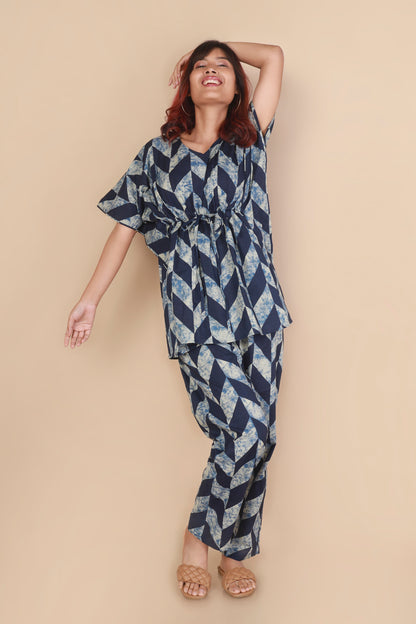 Women’s Loungewear Kaftan Cotton Blue Geometric Print Co-ord Set