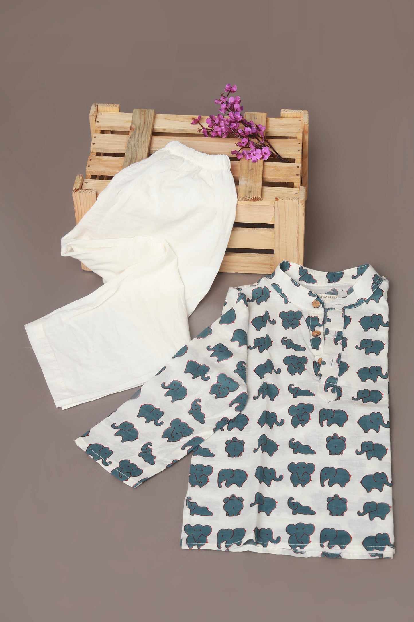 White Elephant Print Cotton Kurta & Pyjama  Nightsuit Set for Boys & Girls