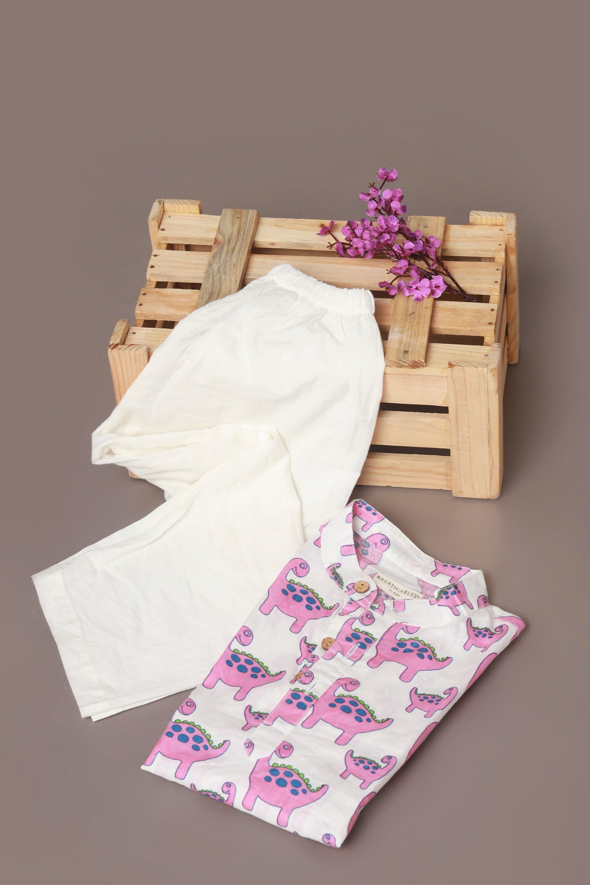 Pink Dino Kurta Pajama Nightsuit set for kids 