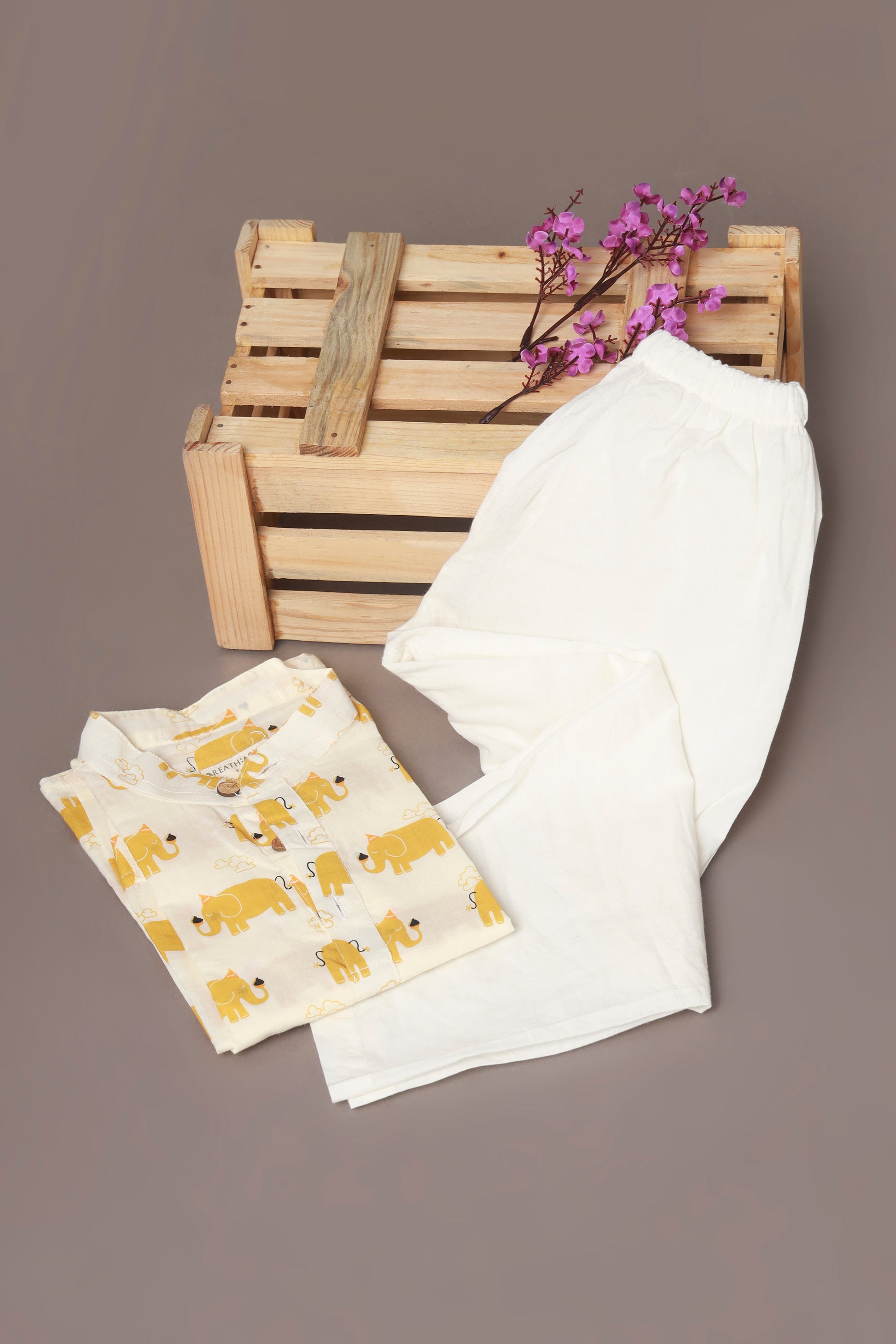 Yellow Elephant print kurta pajama nightsuit set for kids 